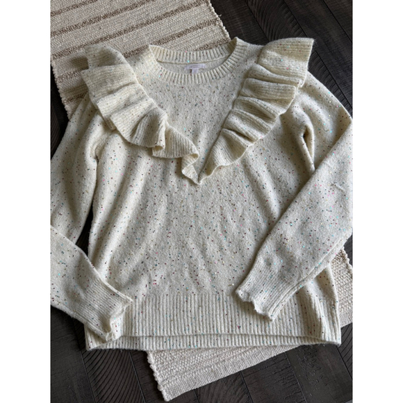Lauren Conrad Cream Ruffle Sequin Sweater Confetti Speckle Knit Size M - Picture 8 of 8